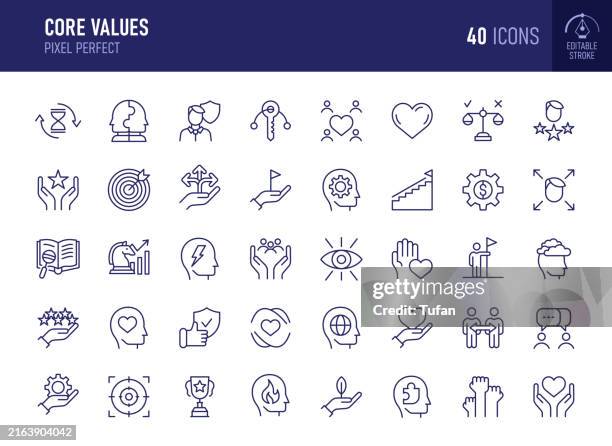 core values icon set - business ethics, leadership, teamwork, innovation, trust, diversity, growth, responsibility, collaboration, integrity - reliable partner stock illustrations
