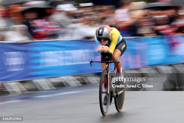 Lotte Kopecky of Team Belgium competes near to the Assemblee Nationale, during the Women’s Individual Time Trial on day one of the Olympic Games...