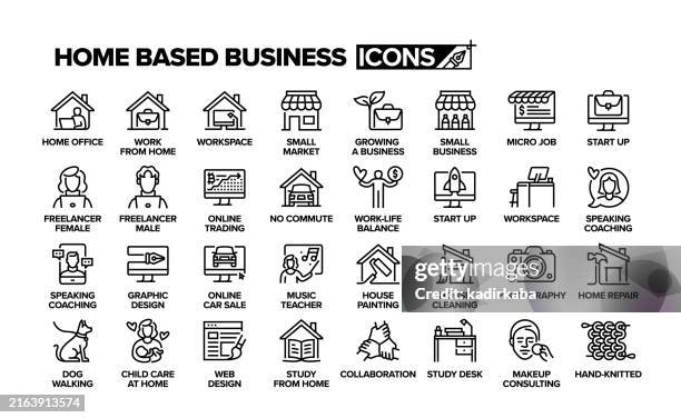 symbol für den geschäftsbereich von zu hause aus. gruppe von objekten. - kleinunternehmen stock-grafiken, -clipart, -cartoons und -symbole