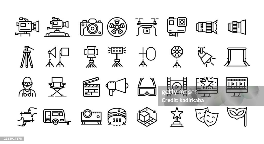 Kino- und Filmausrüstungslinie Icon-Set. Gruppe von Objekten. Filmkamera, Kameradolly, Drohne, Filmrolle, Regisseur, Stativ, Beleuchtungsausrüstung.
