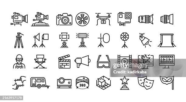 ilustrações de stock, clip art, desenhos animados e ícones de cinema and film equipment line icon set. group of object. movie camera, camera dolly, drone, film role, director, tripod, lighting equipment. - difusão de televisão