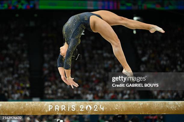 Brazil's Julia Soares competes in the balance beam event of the artistic gymnastics women's team final during the Paris 2024 Olympic Games at the...