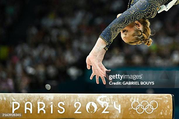 Brazil's Flavia Saraiva competes in the balance beam event of the artistic gymnastics women's team final during the Paris 2024 Olympic Games at the...