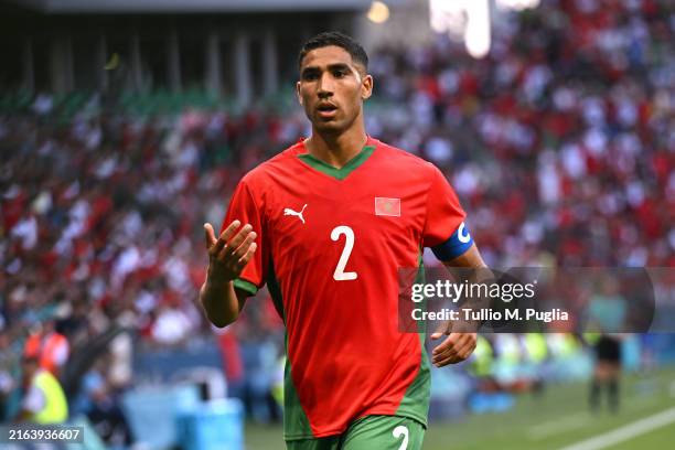 Achraf Hakimi of Team Morocco reacts during the Men's group B match between Ukraine and Morocco during the Olympic Games Paris 2024 at Stade...