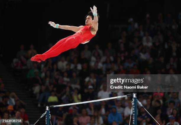 Su Wei of Team China competes on the high bar during the Artistic Gymnastics Men's Qualification on day one of the Olympic Games Paris 2024 at Bercy...