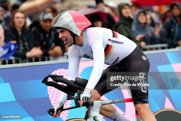 Maximilian Schachmann of Team Germany competes during the Men's Individual Time Trial on day one of the Olympic Games Paris 2024 at Pont Alexandre...