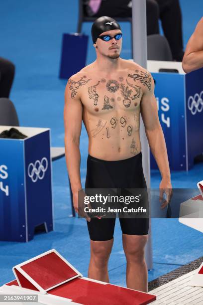 Individual Neutral Athlete Evgenii Somov prepares to compete in the Men's 100m Breaststroke Heats on day one of the Olympic Games Paris 2024 at Paris...