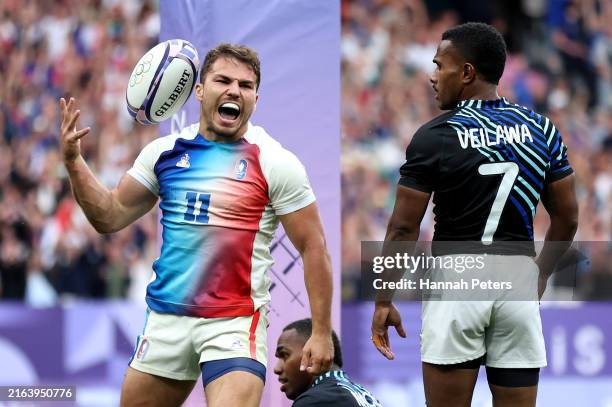 Antoine Dupont of Team France celebrates after scoring a try during the Men’s Rugby Sevens Gold Medal match between France and Fiji on day one of the...