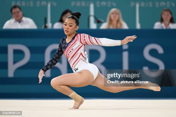July 2024, France, Versailles: Olympics, Paris 2024, gymnastics, team, women, final, Sunisa Lee from the USA performs on floor. Photo: Marijan...