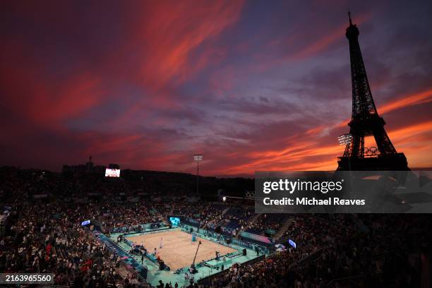 General view of the Eiffel Tower during the Women's Preliminary Phase - Pool B match on day one of the Olympic Games Paris 2024 at Eiffel Tower...