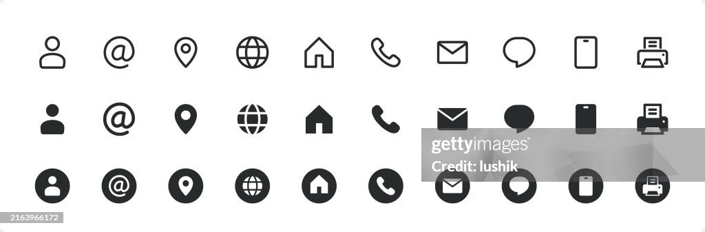 Business Card icon set. Editable stroke weight. Pixel perfect. Line- and solid-style icons.