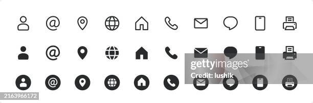 business card icon set. editable stroke weight. pixel perfect. line- and solid-style icons. - adressbuch stock-grafiken, -clipart, -cartoons und -symbole