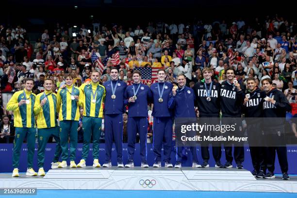 Silver Medalists of Team Australia, Gold Medalists of Team United States and Bronze Medalists of Team Italy pose with their medals during the Medal...