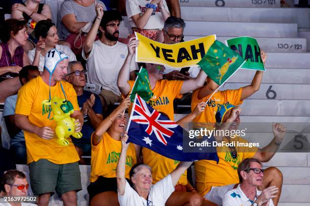 Fans of Australia during the Men's Water polo Group B match between Australia and Serbia on Day 4 of the Olympic Games Paris 2024 at Aquatics Centre...