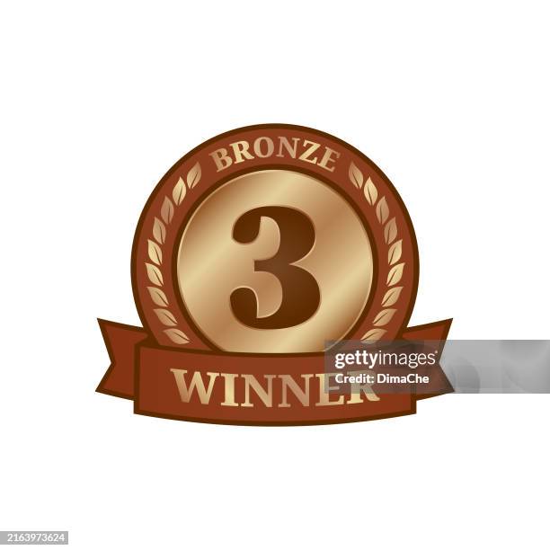 ilustraciones, imágenes clip art, dibujos animados e iconos de stock de medalla de ganador de bronce insignia de tercer lugar - emblema del premio vector con ramas de laurel, número 3, cinta e inscripción de ganador de bronce - tercer lugar