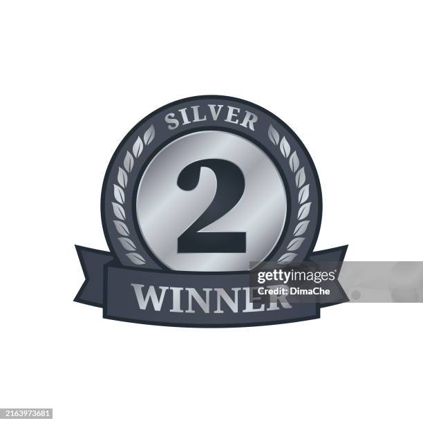 silver winner second place medal badge - vector award emblem with laurel branches, number 2, ribbon and silver winner inscription - college shield vector stock illustrations