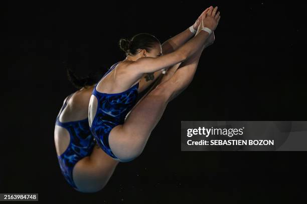 Ukraine's Kseniia Bailo and Sofiia Lyskun compete in the women's synchronised 10m platform diving final at the Paris 2024 Olympic Games at the...