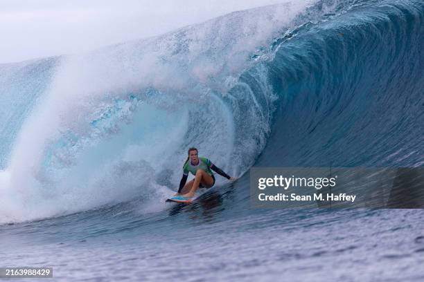Candelaria Resano of Team Nicaragua rides a wave during round one of surfing on day one of the Olympic Games Paris 2024 at on July 27, 2024 in...