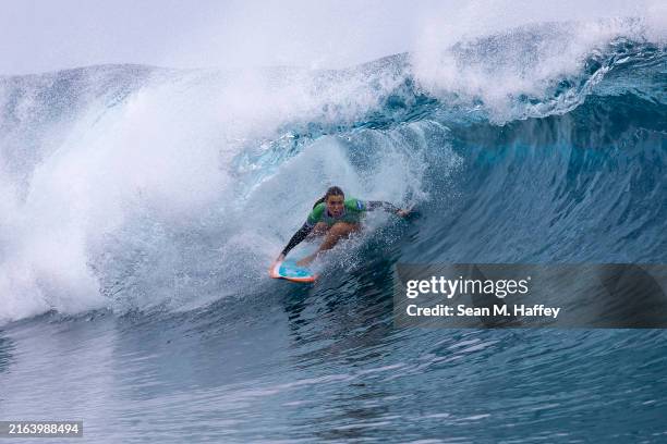 Candelaria Resano of Team Nicaragua rides a wave during round one of surfing on day one of the Olympic Games Paris 2024 at on July 27, 2024 in...