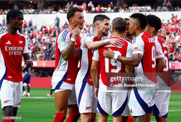 Gabriel Jesus of Arsenal celebrates a goal against Manchester United in the first half during a pre-season friendly match at SoFi Stadium on July 27,...