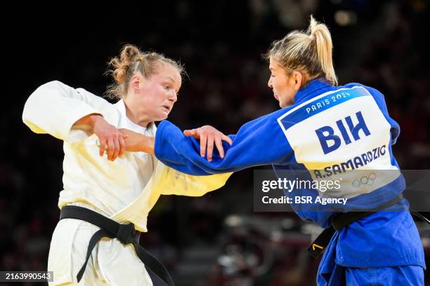 Sanne van Dijke of the Netherlands and Aleksandra Samardzic of Bosnia and Herzegovina competing in the Women -70 kg during Day 5 of Judo - Olympic...