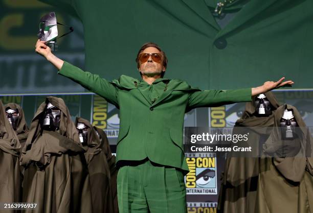 Robert Downey Jr. Speaks onstage during the Marvel Studios Panel in Hall H at SDCC in San Diego, California on July 27, 2024.