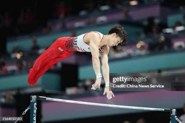 Takaaki Sugino of Team Japan competes in the horizontal bar event of Artistic Gymnastics during the Men's Qualification on day 1 of the Paris 2024...