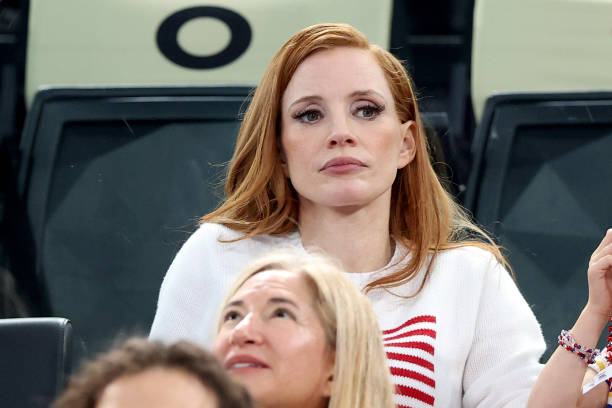 Jessica Chastain looks on during the Artistic Gymnastics Women's Qualification on day two of the Olympic Games Paris 2024 at Bercy Arena on July 28,...