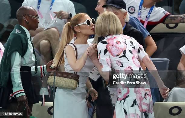 Ariana Grande greets Anna Wintour during the Artistic Gymnastics Women's Qualification on day two of the Olympic Games Paris 2024 at Bercy Arena on...