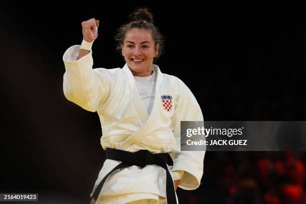Croatia's Barbara Matic reacts after beating Netherlands' Sanne van Dijke in the judo women's -70kg semi-final bout of the Paris 2024 Olympic Games...
