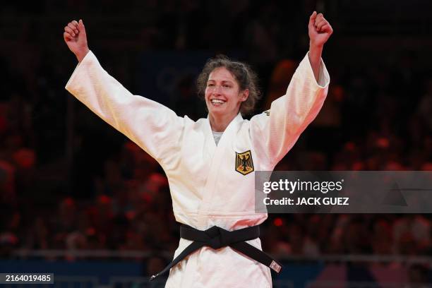 Germany's Miriam Butkereit reacts after beating Austria's Michaela Polleres in the judo women's -70kg semi-final bout of the Paris 2024 Olympic Games...