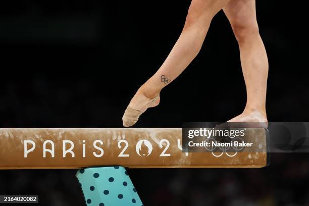 Detailed view as Alice Kinsella of Team Great Britain competes on the balance beam during the Artistic Gymnastics Women's Qualification on day two of...