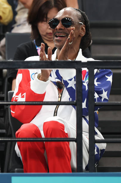 Snoop Dogg attends the Artistic Gymnastics Women's Qualification on day two of the Olympic Games Paris 2024 at Bercy Arena on July 28, 2024 in Paris,...