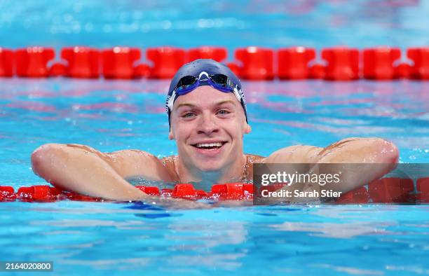 Leon Marchand of Team France reacts after competing in the Men’s 400m Individual Medley Heats on day two of the Olympic Games Paris 2024 at Paris La...