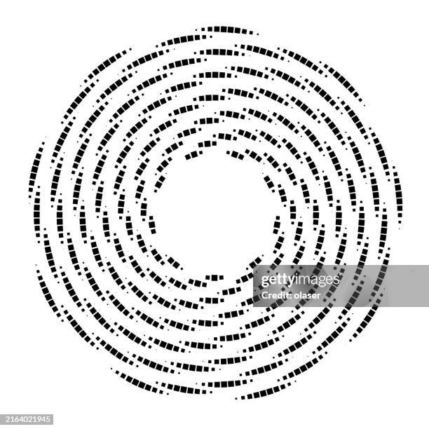 circular pattern of square dot sequence trains fading using size. multiple orbits. - futuristic train stock illustrations