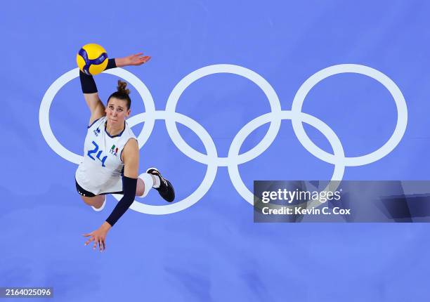 Ekaterina Antropova of Team Italy competes during the Women's Preliminary Round - Pool C match between Team Italy and Team Dominican Republic on day...