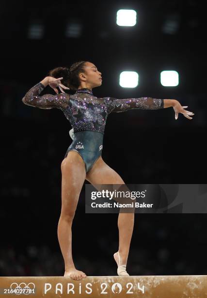 Hezly Rivera of Team United States competes on the balance beam during the Artistic Gymnastics Women's Qualification on day two of the Olympic Games...
