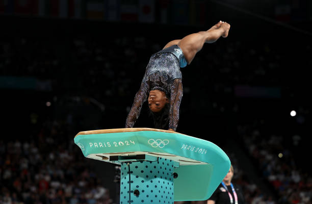 Simone Biles of Team United States competes on the vault during the Artistic Gymnastics Women's Qualification on day two of the Olympic Games Paris...