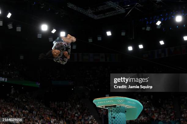 Simone Biles of Team United States competes on the vault during the Artistic Gymnastics Women's Qualification on day two of the Olympic Games Paris...