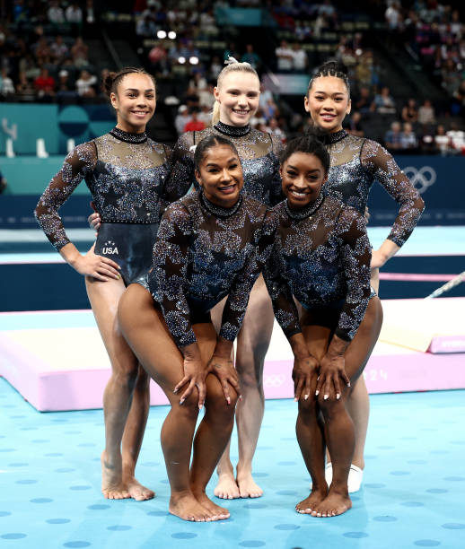 Hezly Rivera, Jade Carey, Sunisa Lee, Jordan Chiles and Simone Biles of Team United States pose for a photo during the Artistic Gymnastics Women's...
