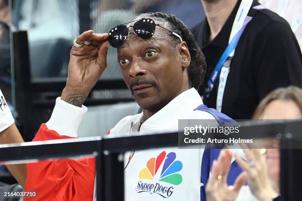 Snoop Dogg attends the Artistic Gymnastics Women's Qualification on day two of the Olympic Games Paris 2024 at Bercy Arena on July 28, 2024 in Paris,...