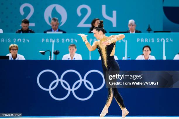 Pauline Schaefer-Betz of Team Germany competes on the floor exercise during day two of the Olympic Games Paris 2024 at the Bercy Arena on July 28,...