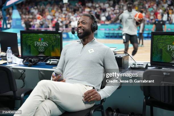 Dwyane Wade smiles during the game on July 31, 2024 at the Stade Pierre Mauroy in Paris, France. NOTE TO USER: User expressly acknowledges and agrees...