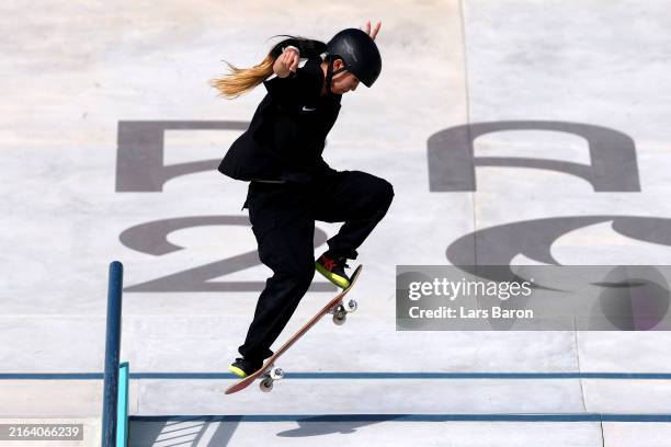 Liz Akama of Team Japan competes during the Women's Street Final on day two of the Olympic Games Paris 2024 at Place de la Concorde on July 28, 2024...