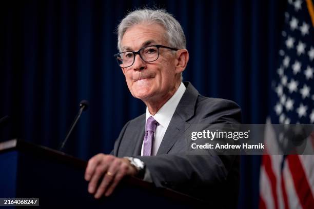 Federal Reserve Chairman Jerome Powell takes a question from a reporter at a news conference following a Federal Open Market Committee meeting at the...