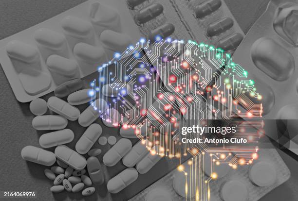 brain with pills - treatment for alzheimer's disease - cerebral atrophy stock pictures, royalty-free photos & images