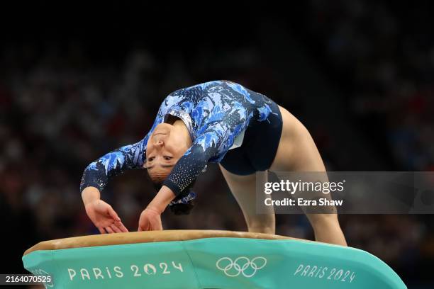 Aurelie Tran of Team Canada competes on the vault during the Artistic Gymnastics Women's Qualification on day two of the Olympic Games Paris 2024 at...
