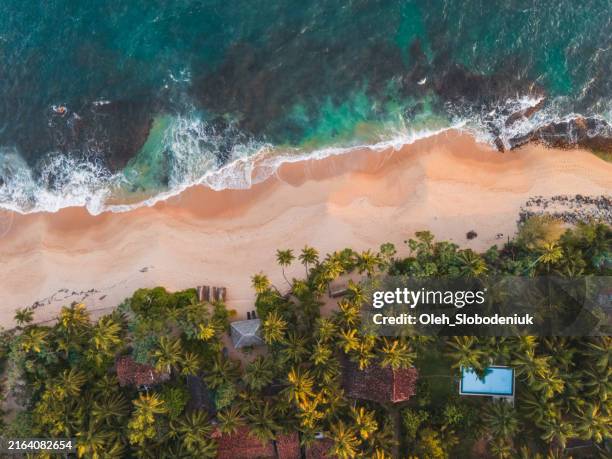 vista aérea de la idílica playa de sri lanka en la puesta de sol dorada - paisaje espectacular fotografías e imágenes de stock