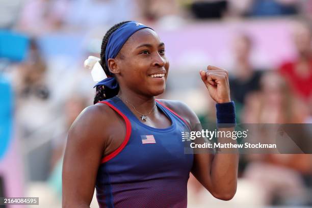 Coco Gauff of Team United States celebrates winning match point against Ajla Tomljanovic of Team Australia during the Women’s Singles first round...