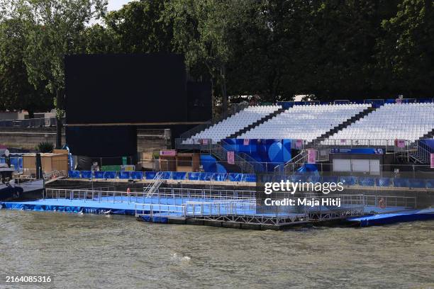 View across the Seine River on day two of the Olympic Games Paris 2024 on July 28, 2024 in Paris, France. The Olympic triathlon swimming training...